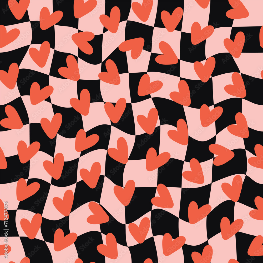 Aufkleber retro abstract seamless pattern with red hearts on a wavy checkered background. groovy romantic prin