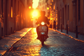 Moped driver driving along the street in the rays of the setting sun