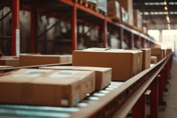 Warehouse Logistics: Cardboard Parcels on Conveyor Belt. 