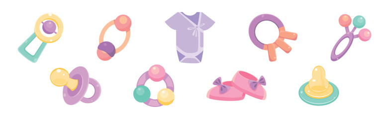 Babyhood Object and Different Childhood Items Vector Set