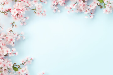 Romantic floral frame with tiny delicate pink waxflowers sprinkled over a pale pastel blue background. - obrazy, fototapety, plakaty