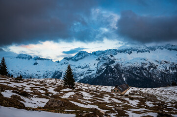Snow on Mount Canin and Montasio. Spring snow