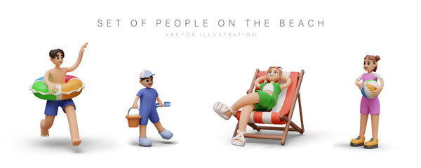 People on beach. Set of realistic figures of vacationers. Boy with inflatable circle, kid with sand shovel, girl with striped ball, woman sitting in deck chair