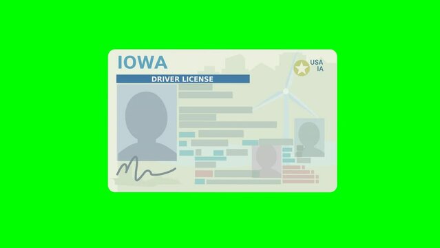 Animation of a hand presenting an Iowa driver's license in the middle of the screen on green background, blue background, transparent with alpha channel (flat design)