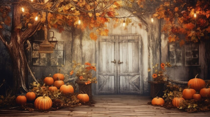 Embrace the cozy allure of fall with this captivating image featuring a rusted wooden backdrop beautifully complemented by the warmth of rustic pumpkins