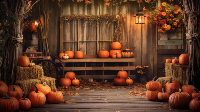 Embrace the cozy allure of fall with this captivating image featuring a rusted wooden backdrop beautifully complemented by the warmth of rustic pumpkins