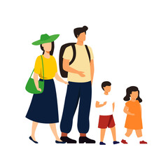 Happy holiday family walking outdoor. carrying camping backpacks. Vector illustration for holiday 