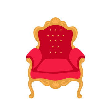 Red Vintage throne.  Royal armchair. Golden throne chair for decoration business card,  Vector flat illustration