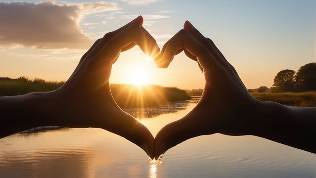 Hands acting like heart with sunset and water