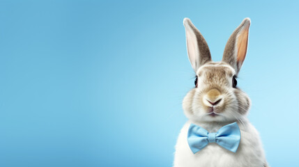 Obraz premium Easter, egg, chocolat, bunny, candy, rabbit, animal, white-colored smiling rabbit bunny, wearing an yellow bow tie, stands alone with ample room for an Easter-themed. 3D rendering design illustration.