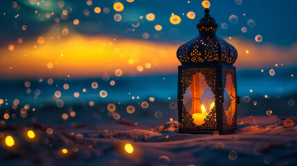 Ramadan lanterns on the sand with the beauty of fireflies that make them look sparkling 