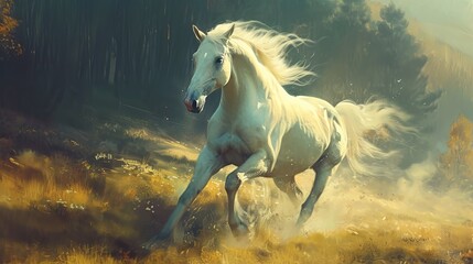 Wild horse running in a field - obrazy, fototapety, plakaty