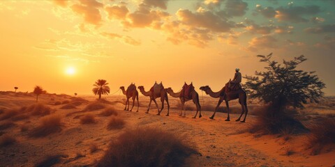 Fototapeta na wymiar Camel caravan in the Sahara desert, Morocco, Africa. The concept of travel and adventure, isra mi'raj