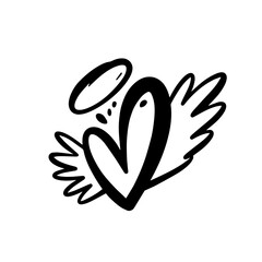 Hand drawn black color heart love sign with wings and nimbus.