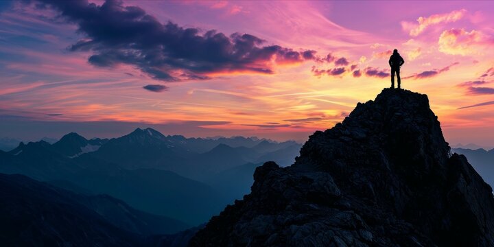 Silhouette of a man on the top of a mountain. sunset sunrise view