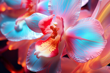 close-up of orchid flowers with neon lighting on a dark background