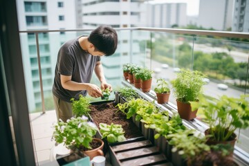 Fototapeta na wymiar A Man Tending to Plants on a Balcony