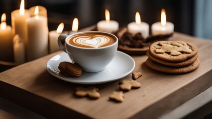 cup of coffee and cookies A heart shaped latte art on a white coffee cup. The cup is placed on a wood tab with some candles   - obrazy, fototapety, plakaty