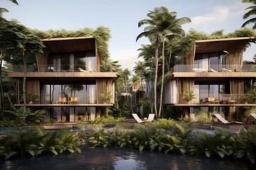 Fototapeta na wymiar Artists Rendering of a Luxurious Tropical Resort With Stunning Ocean Views