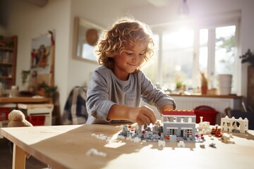 child playing and building with colorful plastic bricks table. Early learning and development. - obrazy, fototapety, plakaty