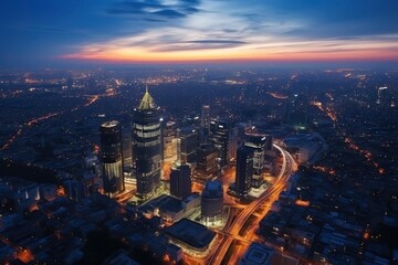 Aerial View of City at Night, Dazzling Lights Illuminate Urban Landscape