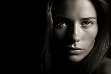Fototapeta premium Black and White Portrait of Womans Face, Capturing Beauty and Emotion
