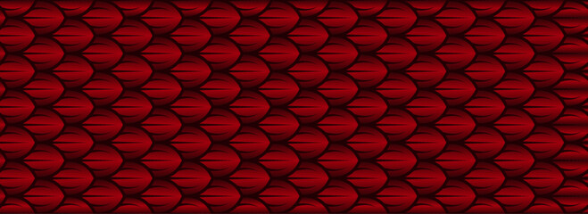 Dragon snake reptile fish mermiad scale seamless pattern tile. Dinosaur skin seamless pattern. Vector black line red background.