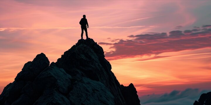 Silhouette of a man on the top of a mountain.Tourist man hiker on top of the mountain. Active life concept, sunset sunrise view
