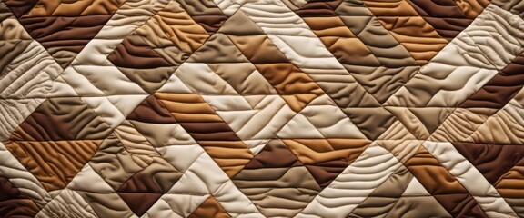 Modern quilted wall hanging, abstract pattern, earth tones, natural light from a nearby window
