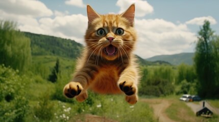 Funny cat flying in the air - obrazy, fototapety, plakaty
