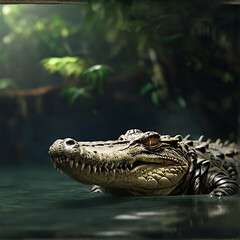 Obraz premium A crocodile in the river in the middle of the jungle.