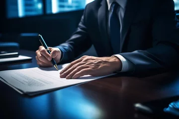 Fotobehang Mature businessman signs documents with a pen making the signature sitting at the desk  © Ahmed