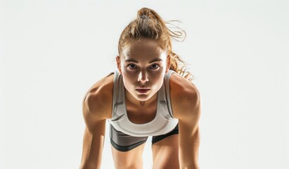 Confident female athlete ready for running pose on white background.