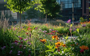 Photo of a rewilded city square with pollinator-friendly gardens, flowers and trees