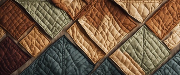 Modern quilted wall hanging, abstract pattern, earth tones, natural light from a nearby window