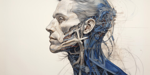 human body with brain sketch - obrazy, fototapety, plakaty