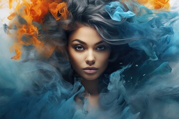 Portrait of a woman shrouded in colored smoke. abstract portrait