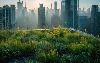 A rewilded rooftop garden on a city skyscraper, showcasing urban biodiversity