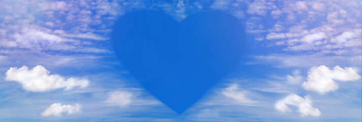 Fluffy clouds forming a heart shape on sunset sky background, soft focus. Heavenly clouds. Holidays of love, Valentine, Mother day, romantic. Copy space.