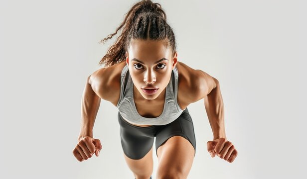 Confident female athlete ready for running pose on white background.