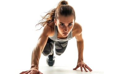 Confident female athlete ready for running pose on white background. - obrazy, fototapety, plakaty