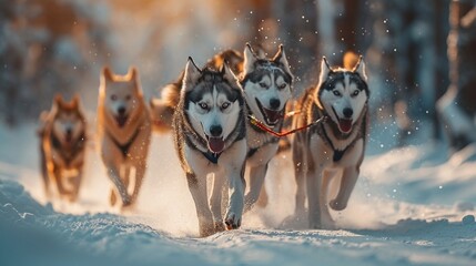 A group of playful huskies pulling a sled through a snowy forest, their breath visible in the crisp winter air, as they journey into the heart of a snowy wilderness