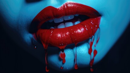 Woman lips with dripping blood. Fashion Glamour Halloween art design. Closeup of glamourous girl vampire mouth
