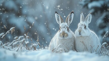 A pair of snowshoe hares blending into the winter landscape, their fur perfectly matching the snowy surroundings as they navigate a silent and serene forest