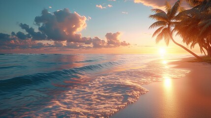 Sunlight kissing the waves as they gently caress a secluded beach, where palm trees sway in harmony with the ocean breeze under a cloudless sky. - obrazy, fototapety, plakaty