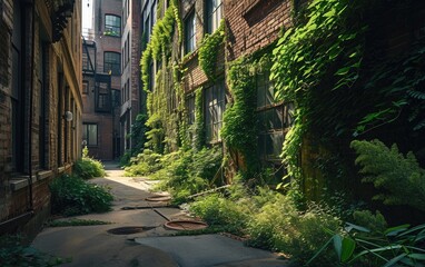 A transformed urban alleyway into a green space with vertical gardens - obrazy, fototapety, plakaty