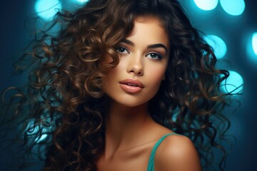 Fototapeta premium Cheerful girl with red lips and snow-white smile looks into camera on blue background. Portrait of cute curly lady in yellow top with long sleeves and jeans