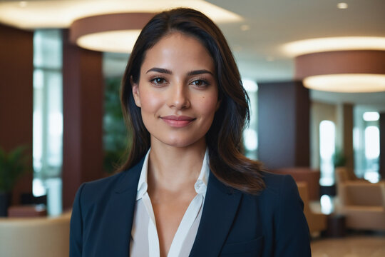 portrait of young age hispanic businesswoman in modern hotel lobby