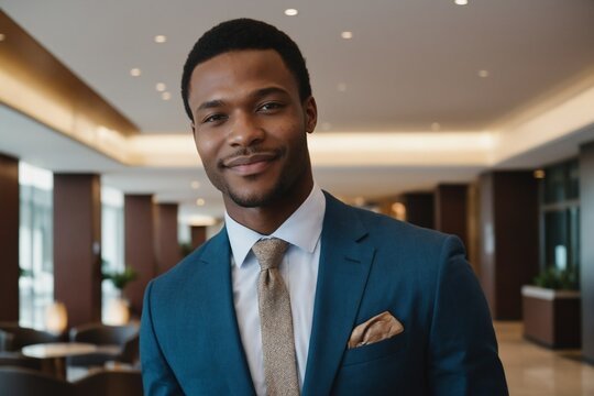 portrait of young age black businessman in modern hotel lobby