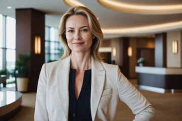 portrait of middle age caucasian businesswoman in modern hotel lobby